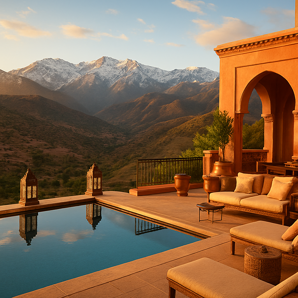 Atlas Mountains retreat terrace with an infinity pool over snow-dusted peaks