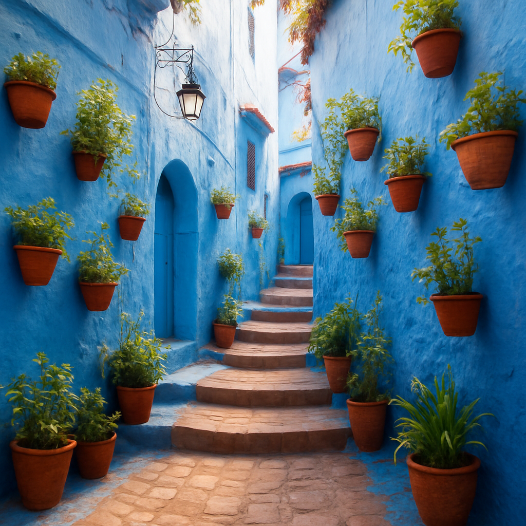 Cobalt-blue painted alley in Chefchaouen with cascading plants